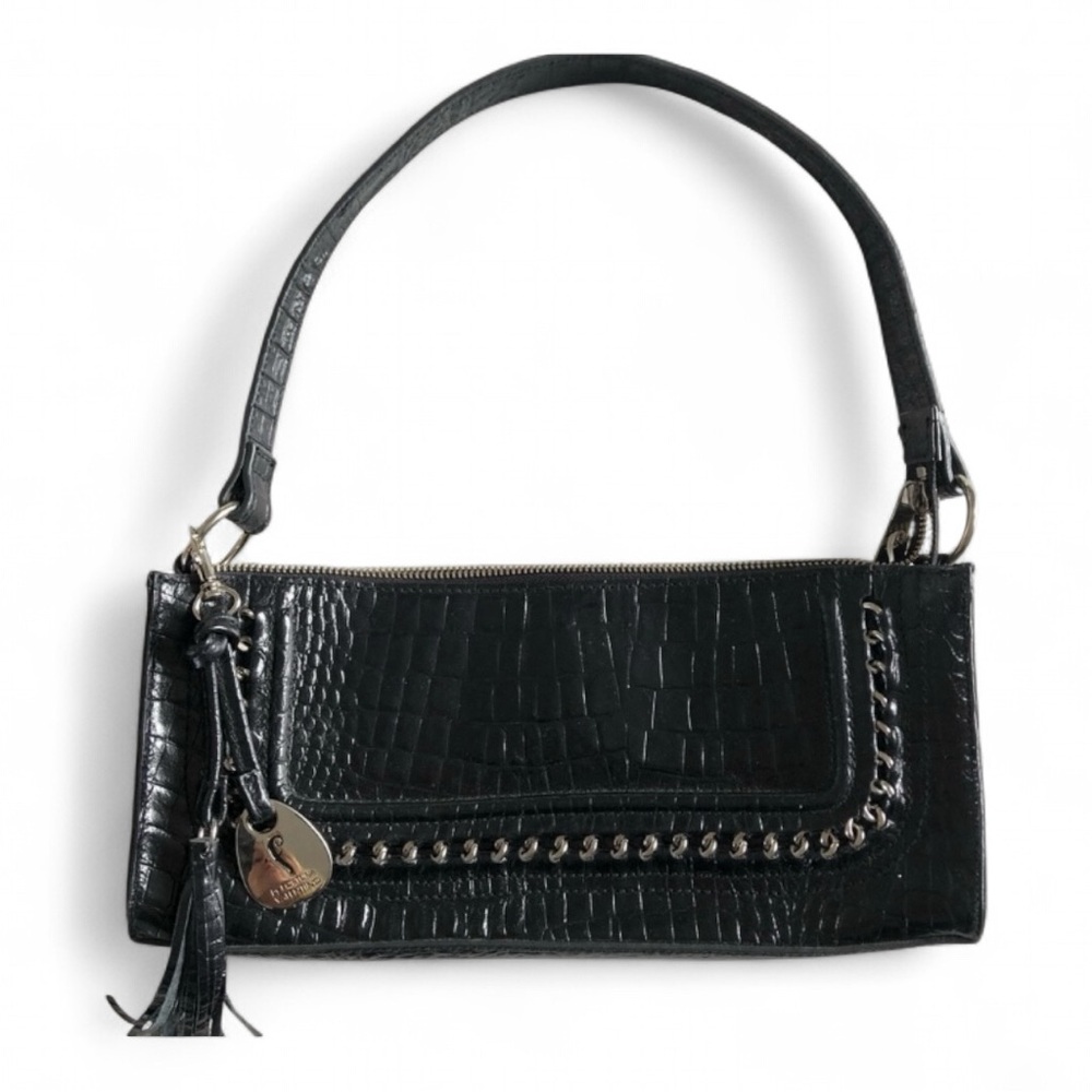 Francesco Valentino Genuine Leather Croc Embossed Baguette Shoulder Bag | Black